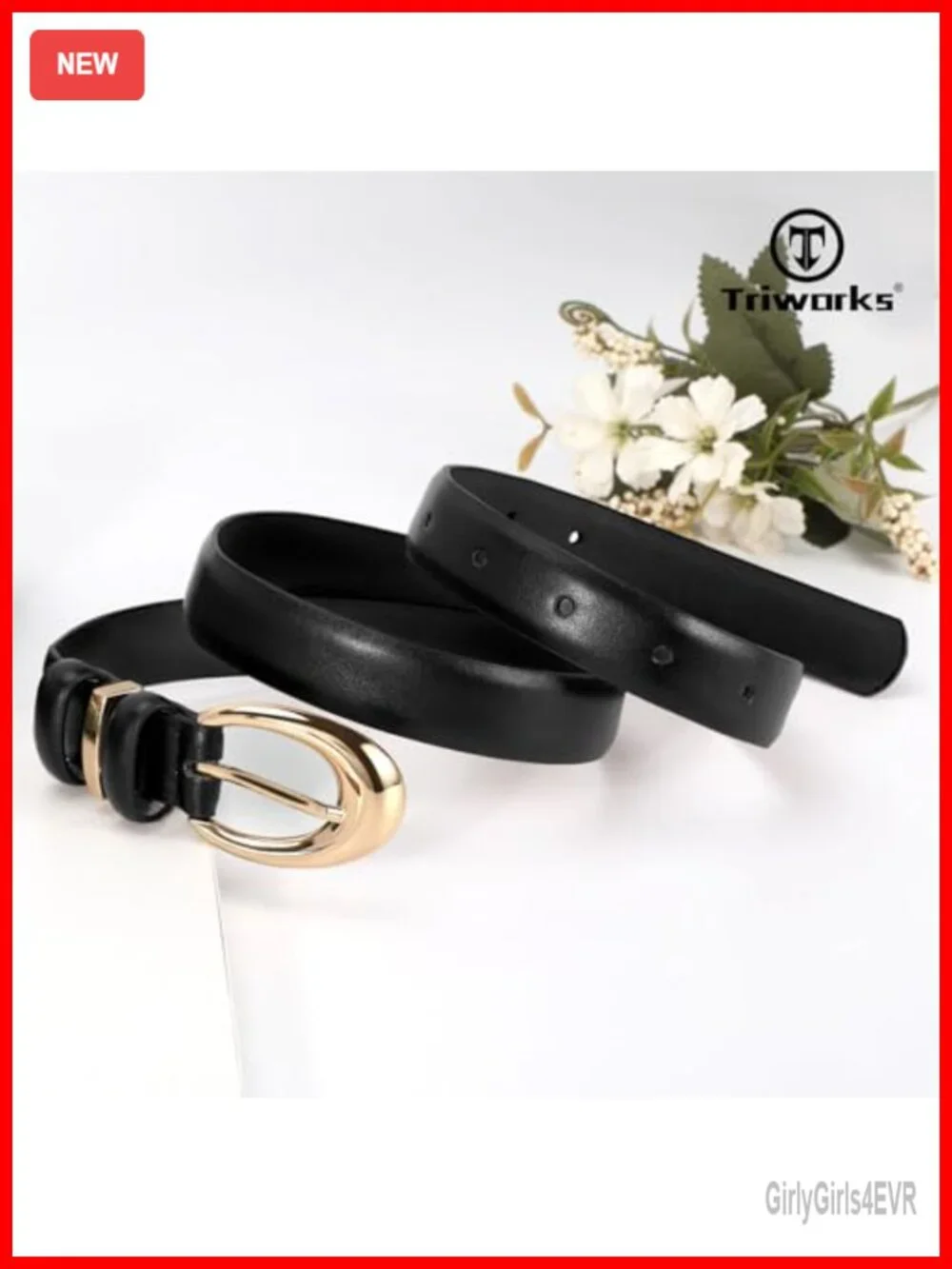 Women Faux Leather Skinny Belt with Gold Buckle